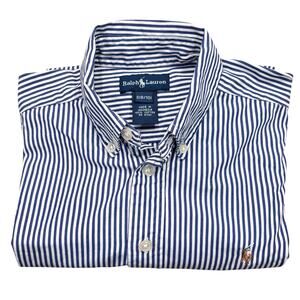 Ralph Lauren Boys Blue White Striped Button Down Shirt Classic Poplin Small 8-10